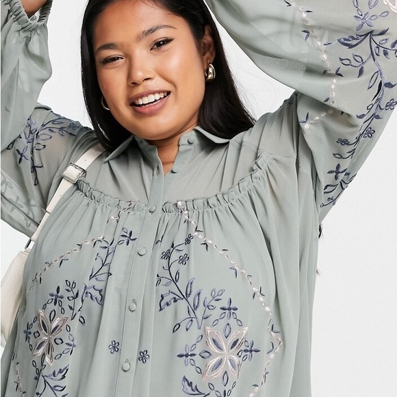 ASOS Curve DESIGN Curve soft mini smock shirt dress with embroidery size 20 - Picture 2 of 4